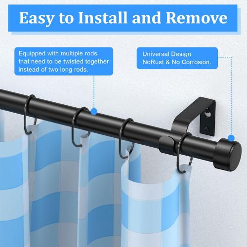 Curtain Rods for Windows 32-90 Inch, 1 Inch Adjustable Black Curtain Rod Set with Brackets, Easy Install