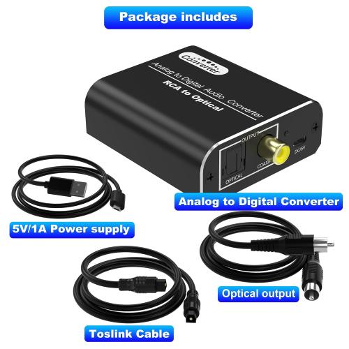 Analog to Digital Audio Converter, RCA & 3.5mm to Optical Toslink Coaxial, Stereo L/R to Digital Audio Adapter with Optical Cable, Aluminum Housing, for PS4, Xbox, HDTV, DVD, Headphones