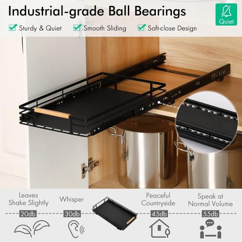 KES Pull Out Cabinet Organizer, 12 Wide Kitchen Bathroom Cabinet Drawer Heavy Duty Under Cabinet Slide Out Organizer Storage Shelves, Wooden Handle with Soft Close Black, KPO501W30D53-BK