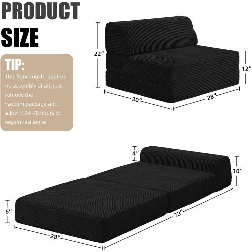 Kasunpul Folding Sofa Bed with Pillow, Memory Foam Fold Out Chair Bed, Convertible Sleeper Chair with Washable Cover, Futon Floor Couch for Living Room/Dorm/Guest Use/Home Office/Apartment, Black New