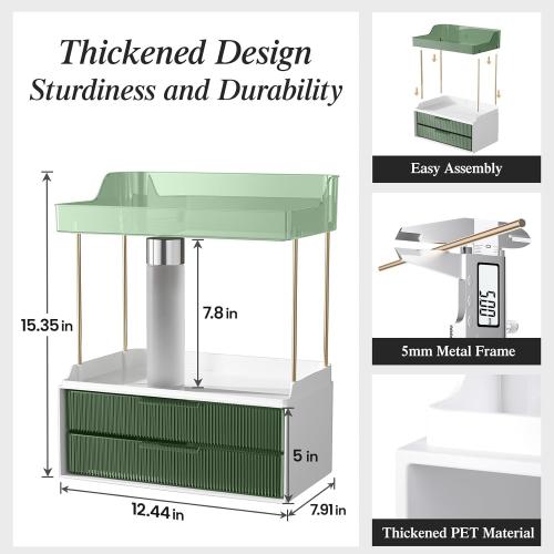 Bathroom Counter Organizer, 2-Tier 2-Drawer Makeup Organizer Countertop, Easy to Install, Ideal for Bathroom Storage, Vanity, Perfume, Large Skincare, Present, and More, DarkGreen