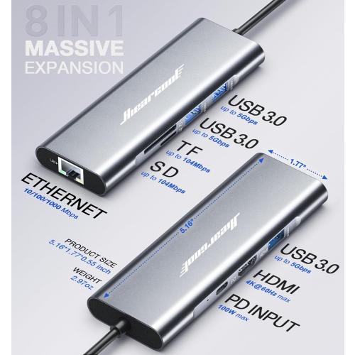 Hiearcool USB C Hub Ethernet 8-in-1, 4K@60Hz USB-C to HDMI Multiport Adapter with 1Gbps RJ45, 100W PD, 3 USB 3.0, SD/TF, Compatible for MacBook Pro/Air, Dell, Lenovo Laptops