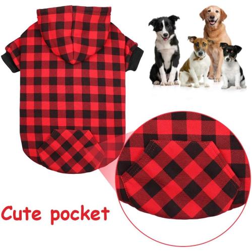 Red Plaid Dog Hoodie Sweater for Dogs Pet Clothes with Hat and Pocke