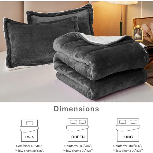 3-Layer Luxury Flannel Fleece Thick Bed Blanket Full Queen Size, Soft Plush Velvet Sherpa Blanket with 2 Pillow Shams Heavy Warm for Winter, Breathable n Washable, Dark Gray