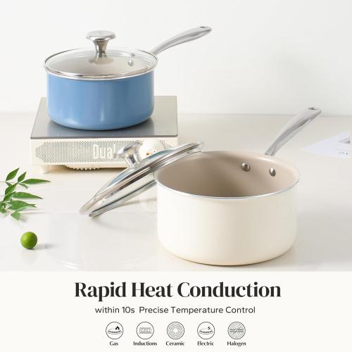 Redchef Ceramic Sauce Pan with Lid, 3.5QT Small Saucepan, Nonstick Cooking Pot with Stay-Cool Handle, Kitchen Non Toxic Soup Pot, PTFE & PFOA Free, Oven Dishwasher Safe, Compatible All Stovetops-Beige