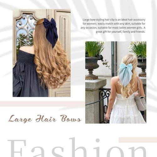 8Pcs Big Tulle Layered Hair Bows for Women Girls, Large Barrette Hair Clip Long Black Ribbon Bows French Style Hair Accessories