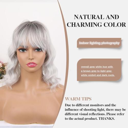 CINHOO Short Curly Wavy Grey Hair Toppers for Women with Thinning Hair,Short Wigs with Bangs Synthetic 360° 3D Hairpiece Clip in Bob Halloween Wig Gifts for Women(Ombre gray)