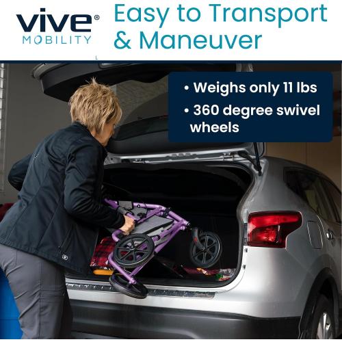 Vive Mobility 3 Wheel Walker - Three Wheeled Rollator for Seniors | Lightweight, Foldable, Narrow, Heavy Duty - for Elderly Men Women - Folding 3-Wheel Tri Scooter with Basket Bag