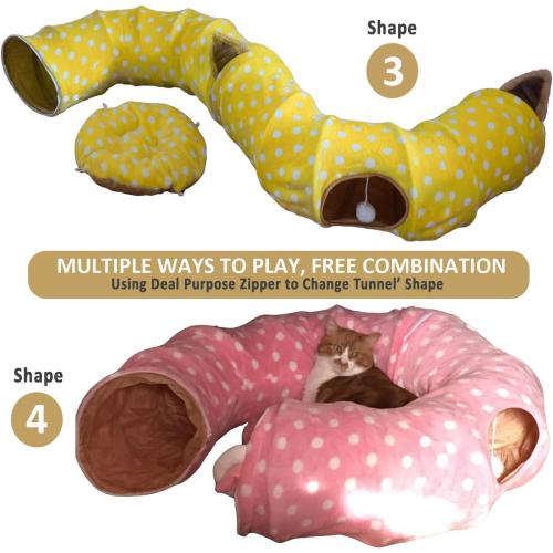 AUOON Cat Tunnel Bed for Indoor Cats - Large Cat Donut Tunnel with Hanging Ball Toy, Collapsible 2-in-1 Multifunctional Interactive Cat Toy for Kitten, Puppy, Rabbit, Ferret (Khaki)