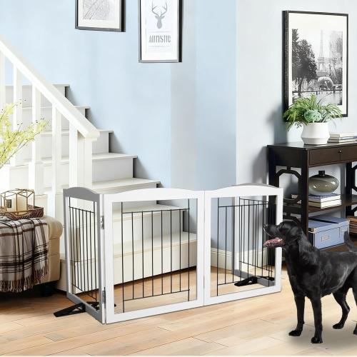 ZJSF Freestanding Dog Fence Indoor, Foldable Dog Gate for Doorways, Stairs or Hallways, Sturdy Wood Extra Wide Pet Gate with Support Feet for The House, White, 24 Height-2 Panels