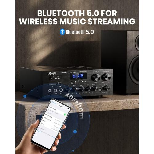 Moukey Stereo Receivers with Bluetooth 5.0, 2.0 Channel Power Audio Amplifier Stereo System w/USB, SD, AUX, RCA, MIC in w/Echo, LED for Karaoke, Home Theater Speakers, 400W Peak, 25W× 2 RMS- MAMP1