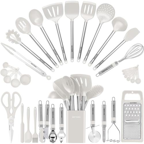 Kitchen Utensil Set-Silicone Cooking Utensils-33 Kitchen Gadgets & Spoons for Nonstick Cookware-Silicone and Stainless Steel Spatula Set-Best Kitchen Tools, Useful Pots (Cream White)