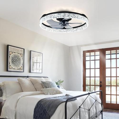 Depuley Bladeless Ceiling Fans with Lights: 20 Black Modern Low Profile Flush Mount Ceiling Fan with App Remote Control - Bedroom Enclosed Crystal Fandelier with Dimmable LED for Living Room Kitchen