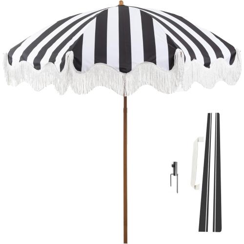 Rayjee 6.5FT Patio Umbrella with Fringe, UV Protection Beach Umbrella with Tilt & Adjustable Height, Includes Carry Bag & Ground Stake, Outdoor Umbrella for Pool, Garden, Backyard