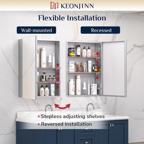 Keonjinn 20 x 26 Inch Medicine Cabinet for Bathroom, Silver Mirrored Medicine Cabinet, Assembly Required, Freely Adjustable Shelves, Tempered Glass, in Wall or Surface Mount