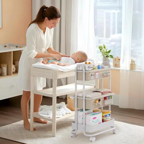 Baby Diaper Caddy Organizer Cart - 3 Tier Rolling Storage Cart with Wheels, Baby Essentials Nursery Storage, Detachable Dividers - for Crib, Bedroom, Art & Craft Organizer (Off White)