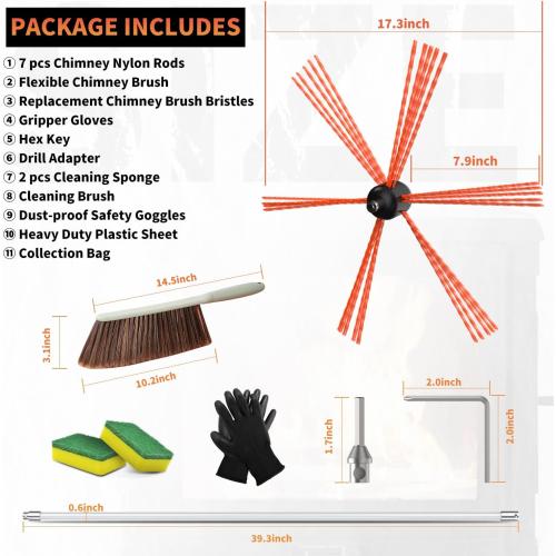 Sealegend 23 Feet Chimney Sweep Kit Chimney Brush Chimney Cleaning Kit and Rotary Chimney Cleaning System Fireplace Brush Tool with 7 Nylon Flexible Rods
