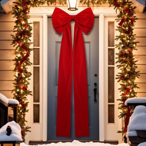 Extra Large Christmas Front Door Bow Decorations 27 x 78 Inch Giant Velvet Christmas Tree Topper Bow with Long Streamers Wreath Wall Decor for Home Xmas Room Holiday Porch(Red)