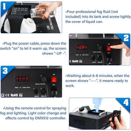 1500W Fog Machine for Halloween, DMX RGB 3 in 1 24 LED Smoke Machine Stage Lighting Vertical Spray with Remote Control