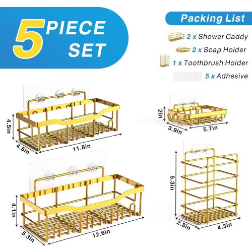 EUDELE 5-Pack Rustproof Stainless Steel Shower Caddy – No Drill Adhesive Bathroom Organizer with Large Capacity, Spacious Shower Shelves for Inside Shower, Kitchen & Home Decor Storage-XL Size