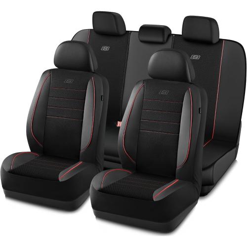 Color Black and red Skechers Air-Cooled Memory Foam Seat Covers,Mesh Thick Car Seat Covers,Piping Leather Car Seat Cover Full Set,Airbag Compatible,Automotive Comfort Universal Fit Most Cars,Vans,Trucks,SUV,Red