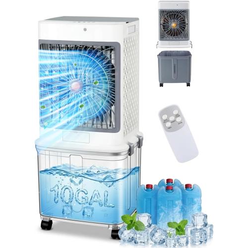 Swamp Cooler Cooling Fan | 10-Gal Portable Air Conditioners Windowless Evaporative Air Coolers with Detachable Tank, 3 Speeds for Patios