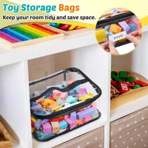 Talltalk 9 Pack 3 Sizes Toy Storage Bags with Labels, Clear PVC Reusable Board Game Storage Containers, Waterproof Toy Organizer Case with Zipper for Building Blocks, Puzzles, Stationery (Black)
