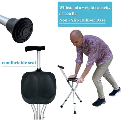 Portable Adjustable Folding Walking Cane with Seat Allows Durability While Walking and Convenience for Sitting, Alloy Crutch Chair, Anti-Slip Lightweight Walking Stick for Seniors