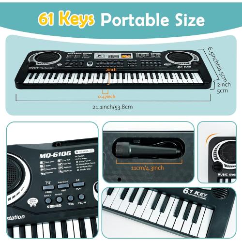 61 Key Piano Keyboard, Electronic Digital Piano for Kids Beginner with Microphone, 16 Tones, 6 Demos, 10 Rhythms, Recording, Keyboard Piano for Boys and Girls’ Christmas/Birthday Gift