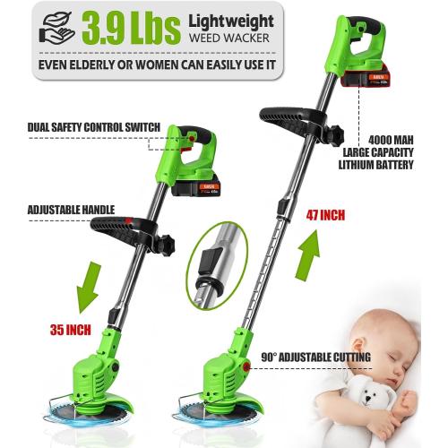 Cordless Weed Wacker, Electric Weed Eater Cordless, 2 x 4.0 Ah Batteries | Battery Powered, 4 Types Blades, 4 in 1 Lightweight Stringless Brush Cutter for Yard Garden Clearing (Green)