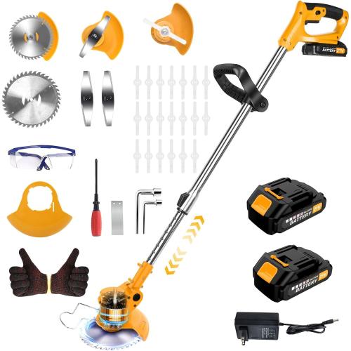 20000 RPM Electric Weed Wacker Cordless Eater, 21V Height Adjustable 6 Heavy-Duty Garden Edger Brush Cutter Cordless, Grass Trimmer Lawn Mower Trimmer with Blades, 2 Batteries, Charger