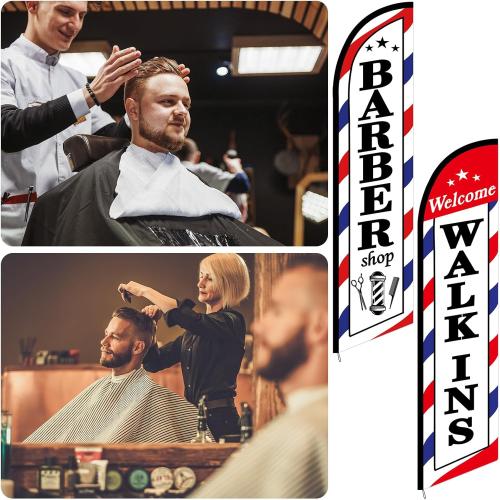 2 Pcs Barber Flag for Outside Barbershop Themed Swooper Flag Open Feather Barber Sign Welcome Banner for Salon Business Outdoor Advertising Outside(NOT INCLUDE POLE KIT)(8.2×2.1 ft)