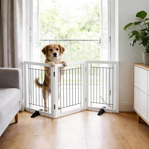 ZJSF Freestanding Dog Gate Indoor, Foldable Dog Fence for Doorways,Hallways or Stairs, Sturdy Wood Extra Wide Pet Gate with Support Feet,White,32 Height-3 Panels