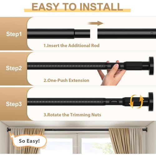 Black Tension Curtain Rod 41-126 In(4-10Ft), Long Curtain Rod No Drilling for Window or Bathroom,Outdoor Tension Rods for Patio, Heavy Duty Shower Rod,Rod Diameter 1.26In-One-bond stretching