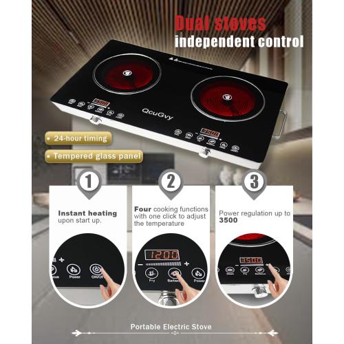 23 Portable Infrared 2 Burner 3500 Electri Burner with 2 Hours Timer-Electric Hot Plate Touch Control Panel Adjustable Heating Power Glass Plate Electric Cooktop for Cooking