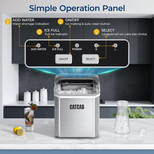 Countertop Ice Maker Machine with Handle, 9 Ice Cubes in 6 Mins, 26.5Lbs/24H, 2 Sizes of Bullet Ice, Auto-Cleaning Portable Ice Machine for Home Kitchen Party RV Camping, Stainless Steel Silver