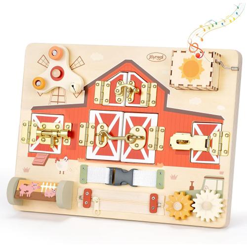Joyreal Wooden Montessori Busy Board with Music Box for Toddlers | Farm Theme Sensory Activity Board, Fine Motor Skills Travel Toy, Educational Learning Toy, Birthday Christmas Gift