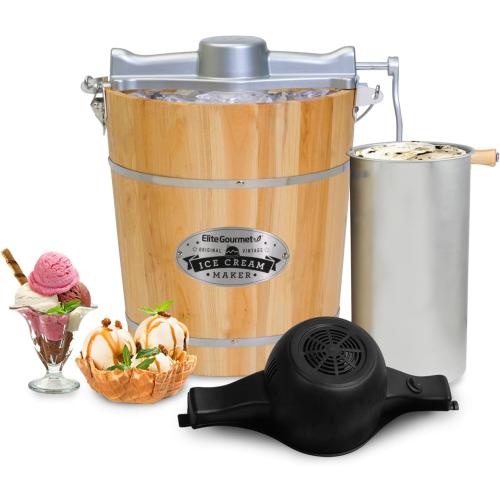 Elite Gourmet EIM402 Old Fashioned 4 Quart Vintage Wood Bucket Electric Ice Cream Maker Machine, Bonus Classic Die-Cast Hand Crank for Churning, Uses Ice and Rock Salt Churns Ice Cream in Minutes