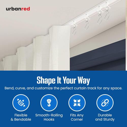 UrbanRed Flexible Bendable Ceiling Curtain Track, 16.4 ft (5 m), Mount for Rail with Curtain Tracks System, Room Divider, Curtains Rod, RV Ceiling Track for Curtains, White