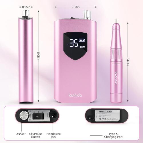 Pink Lavinda Nail Drill 35000 RPM, Cordless Rechargeable Electric Nail File Machine, Professional Efile for Acrylic Nails, Gel Polish, Cuticle Removal, Home and Salon (Pink)