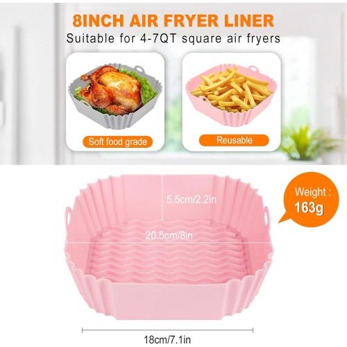 2 PCS Square Silicone Air Fryer Liners - 8 Inch Air Fryer Reusable Liners - Kitchen Accessories - AirFryer Inserts for 4 to 7 QT Oven Microwave Accessories (Grey   Pink)