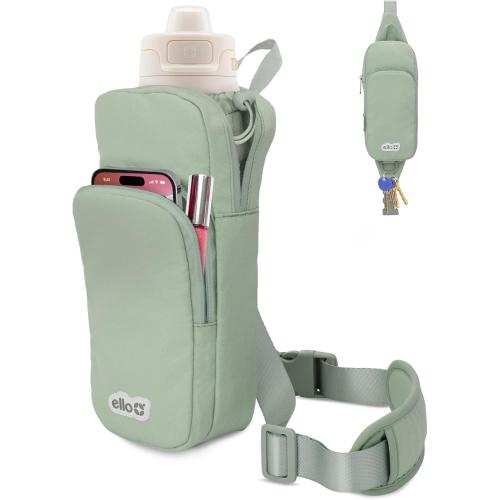 Ello Crossbody Sling Water Bottle Bag | Fits 24oz Bottles Zipped | Hands-Free Carrier with Pockets, Adjustable Strap, Drawstring Fastener | Machine Washable