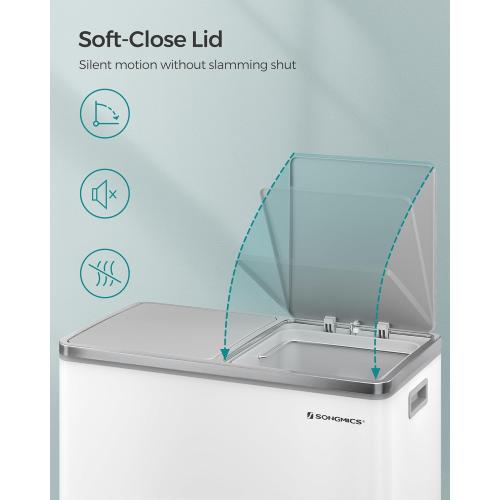 Size 2 x 8 Gallon SONGMICS Trash Can, Size 2 x 8 Gallon (2 x 30 L) Garbage Can for Kitchen, with 15 Trash Bags, 2 Compartments, Plastic Inner Buckets and Hinged Lids, Airtight, White and Gray ULTB60WT