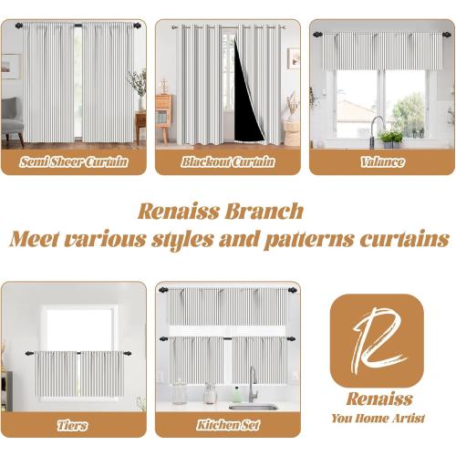 Renaiss 26 x 36 Inch Tan Stripe Farmhouse Kitchen Curtains Short Pinstripe Linen Texture Cafe Small Curtains Decor Ticking Stripe Light Filtering Small Window Treatments Rod Pocket Drapes 2 Panels