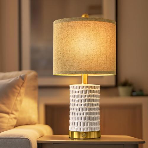 PORTRES 19 Farmhouse 3-Way Dimmable Touch Ceramic Table Lamp Set of 2 White Bedside Lamps for Bedroom Lamps for Living Room Nightstand Lamp End Table lamps with USB A C Charging Ports(Bulbs Included)