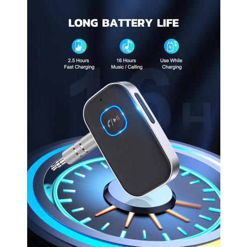 COMSOON Bluetooth Receiver for Car, Noise Cancelling 3.5mm AUX Bluetooth Car Adapter, Wireless Audio Receiver for Home Stereo/Wired Headphones, Hands-Free Call, 16H Battery Life - Black Silver