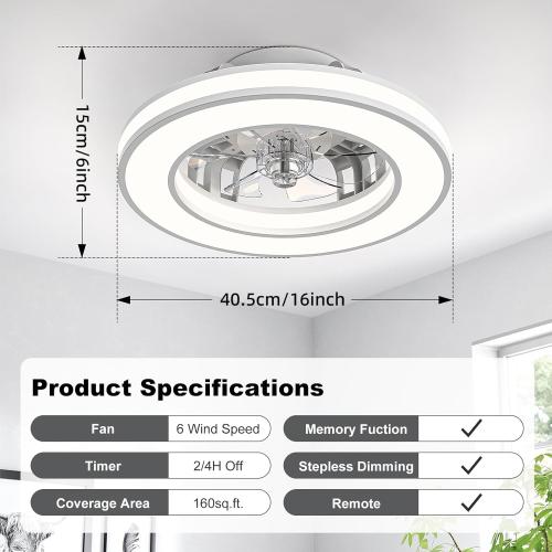 16'' Ceiling Fans with Lights, Modern Low Profile Ceiling Fan Light with Remote, 3000-6500K Dimmable LED Fan Light, 6 Speeds Small Flush Mount Ceiling Fan for Bedroom, Kids Room(White)