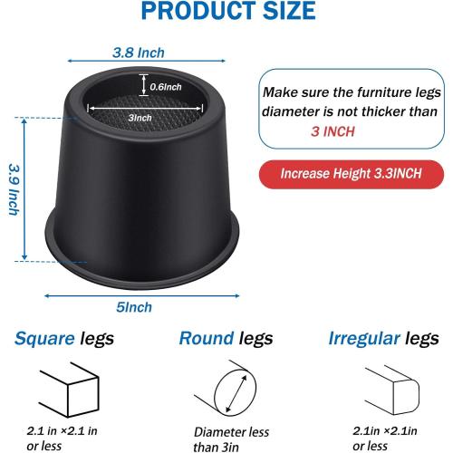 ANNKUT Bed Risers 4 Inch Heavy Duty, Round Furniture Risers for Bed Desk Table Sofa Couch，Bed Lifts Risers, Support up to 3300 Lbs(4 Pack Black)