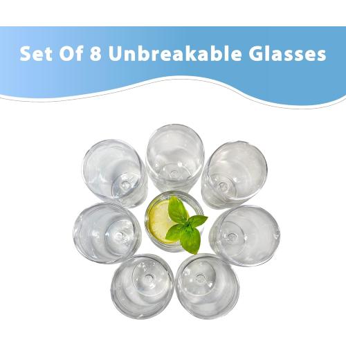 Lily's Home Set of 8 Unbreakable Poolside 12 oz Acrylic Plastic Wine and Water Tumbler Stackable Goblets. Shatterproof Plastic and Ideal for Indoor and Outdoor Use, Reusable. Clear. Made in Taiwan.