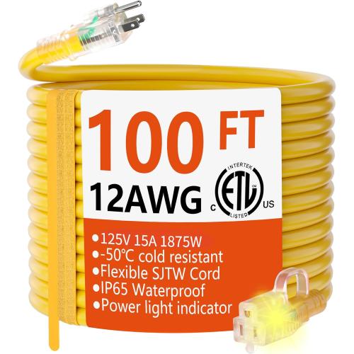 HUANCHAIN 12/3 Gauge Heavy Duty Outdoor Extension Cord 100 ft Waterproof with Lighted end, Flexible Cold-Resistant 3 Prong Electric Cord Outside, 15Amp 1875W 12AWG SJTW, Yellow, ETL